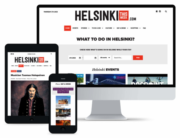 Helsinki This Week kotisivut tietokoneen, tabletin ja puhelimen näytöllä